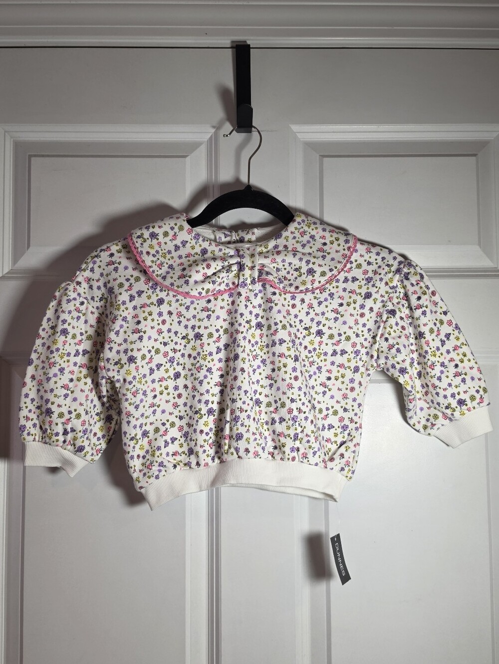 NWT Dunnes Girls Ditsy Floral Peter Pan Collar Sweatshirt - White with Pink Trim